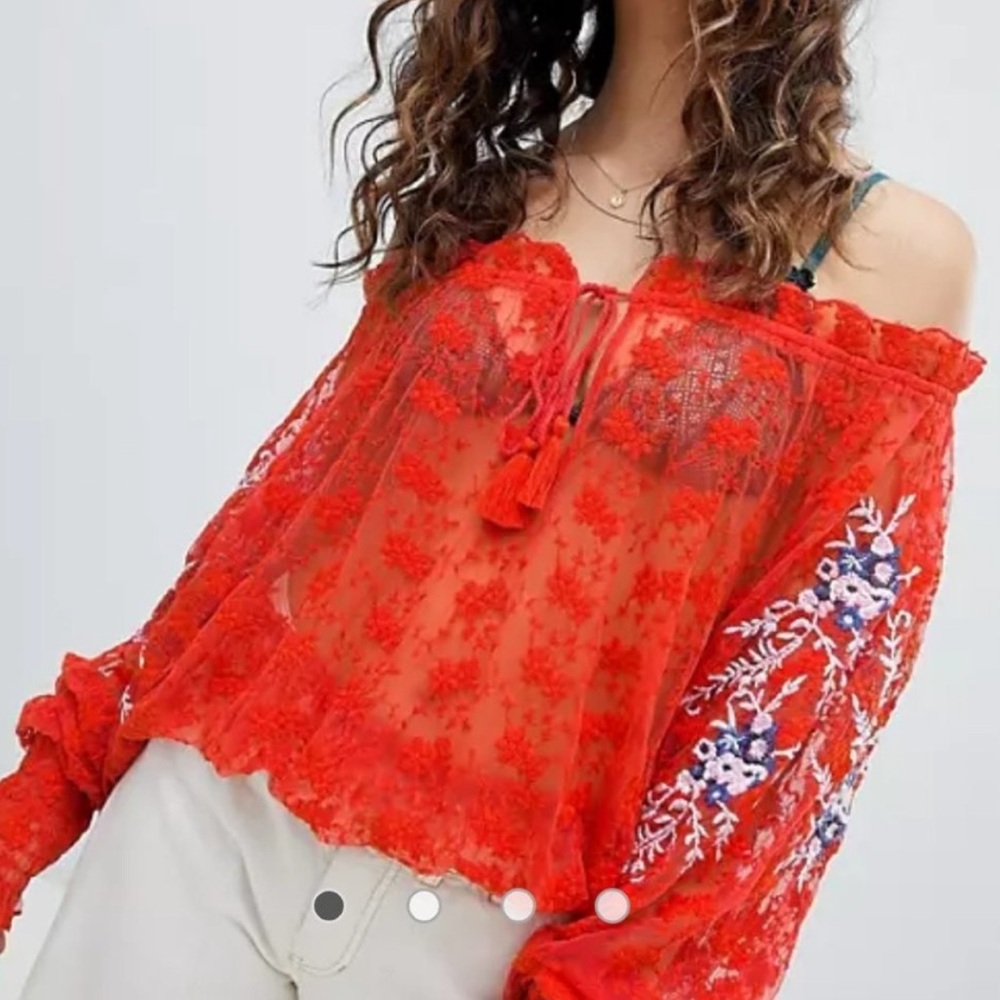 Free People Jubilee Sheer Embroidered on or Off-The-Shoulder Blouse (Small)